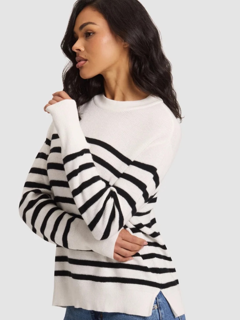 Cozy Earth Rowan Cotton/Wool Blend Crewneck Sweater in Jet Black/Bone Stripe - L